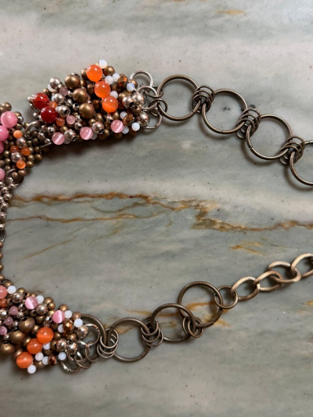 Pam Hiran Anthropologie Beaded Statement Bib Necklace Carnelian Cat's Eye 18"